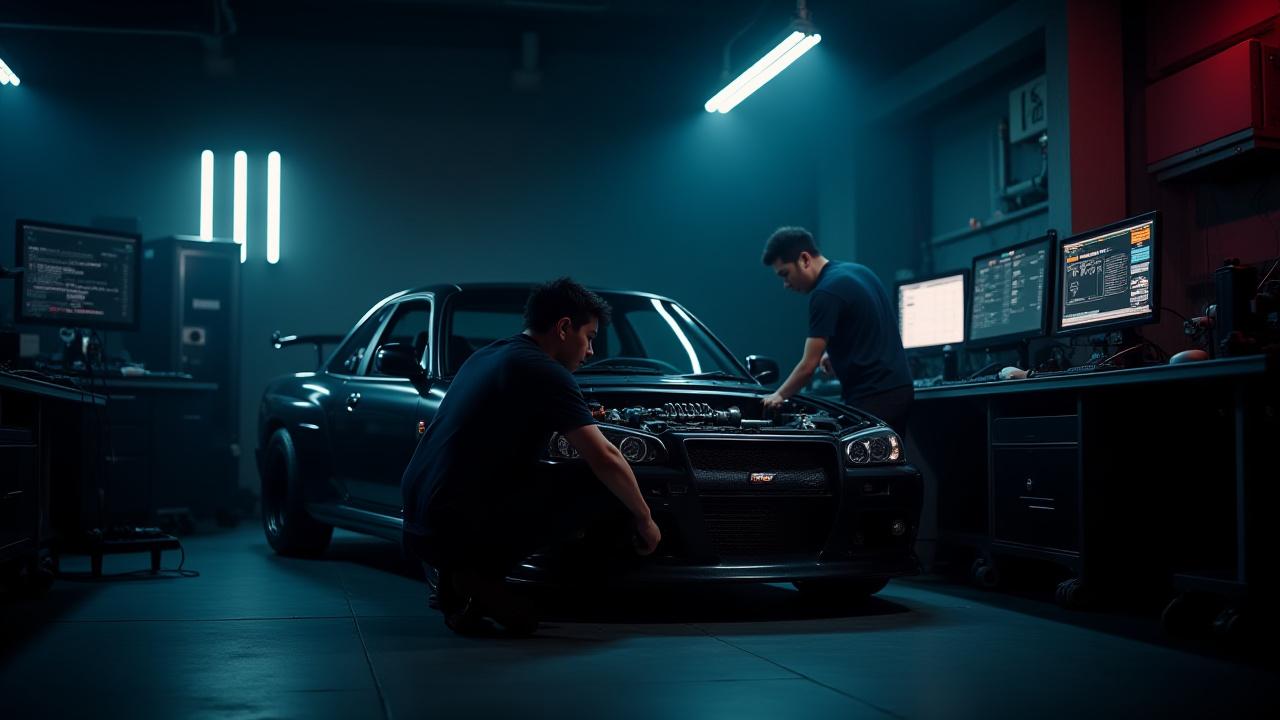 Kaze Mythosの高度な設備を備えた、深夜に働く洗練された自動車整備工場。エンジニアがカスタムカーのエンジンを調整しています。