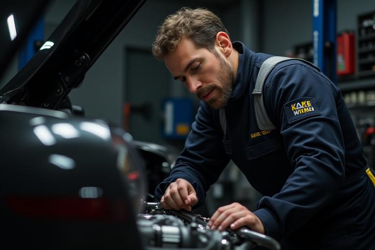 熟練した技術者が精密に車を調整しているシーン