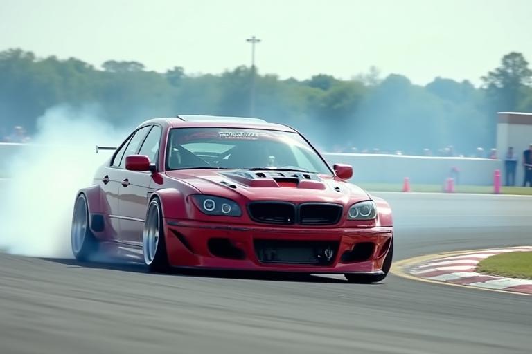 トラックでテスト走行中のカスタムカー